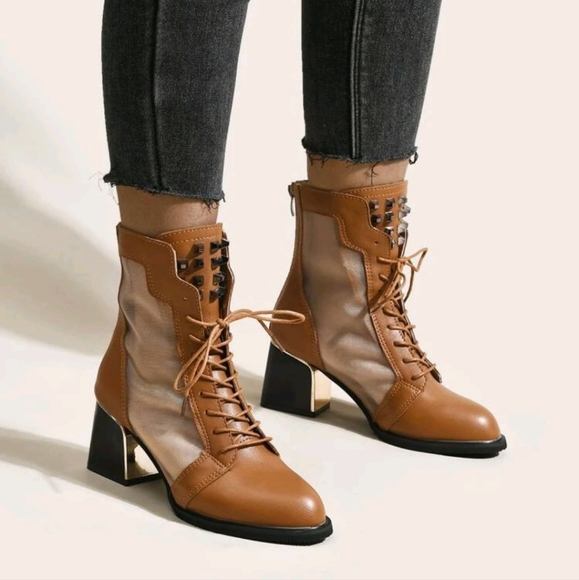Spiked Decor Contrast Mesh Combat Boots - Picture 1 of 6